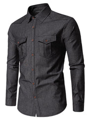 Men's dark gray cotton button-down shirt with two chest pockets and button closures.