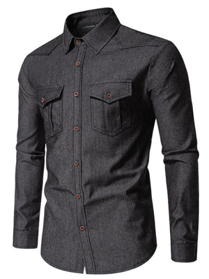 Men's dark gray cotton button-down shirt with two chest pockets and button closures.