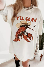 Yee Claw graphic oversized t-shirt in white cotton with a lobster wearing a cowboy hat graphic.
