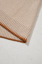 Howdy Textured Knit Sweater Vest in beige acrylic with brown trim detail