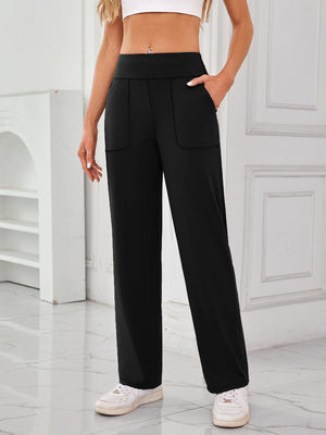 Black wide-leg lounge trousers with patch pockets and contrast stitching.