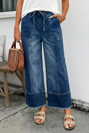 Drawstring Raw Hem Wide Leg Denim Pants, model styling view