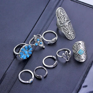 Bohemian silver ring set with turquoise stones and cactus designs