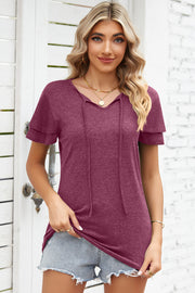 Burgundy flutter sleeve henley tee with tie-neck detail