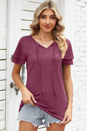 Burgundy flutter sleeve henley tee with tie-neck detail