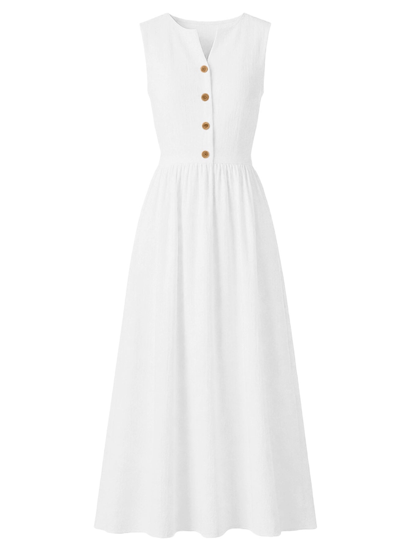 White button front midi dress with a-line skirt and V-neck.