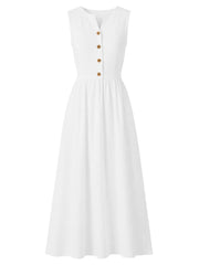 White button front midi dress with a-line skirt and V-neck.