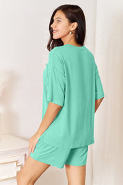 Aqua bamboo loungewear set with relaxed fit tee and shorts, featuring a chest pocket.