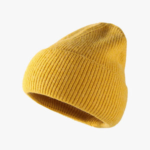Yellow ribbed knit slouch beanie with a cuffed brim