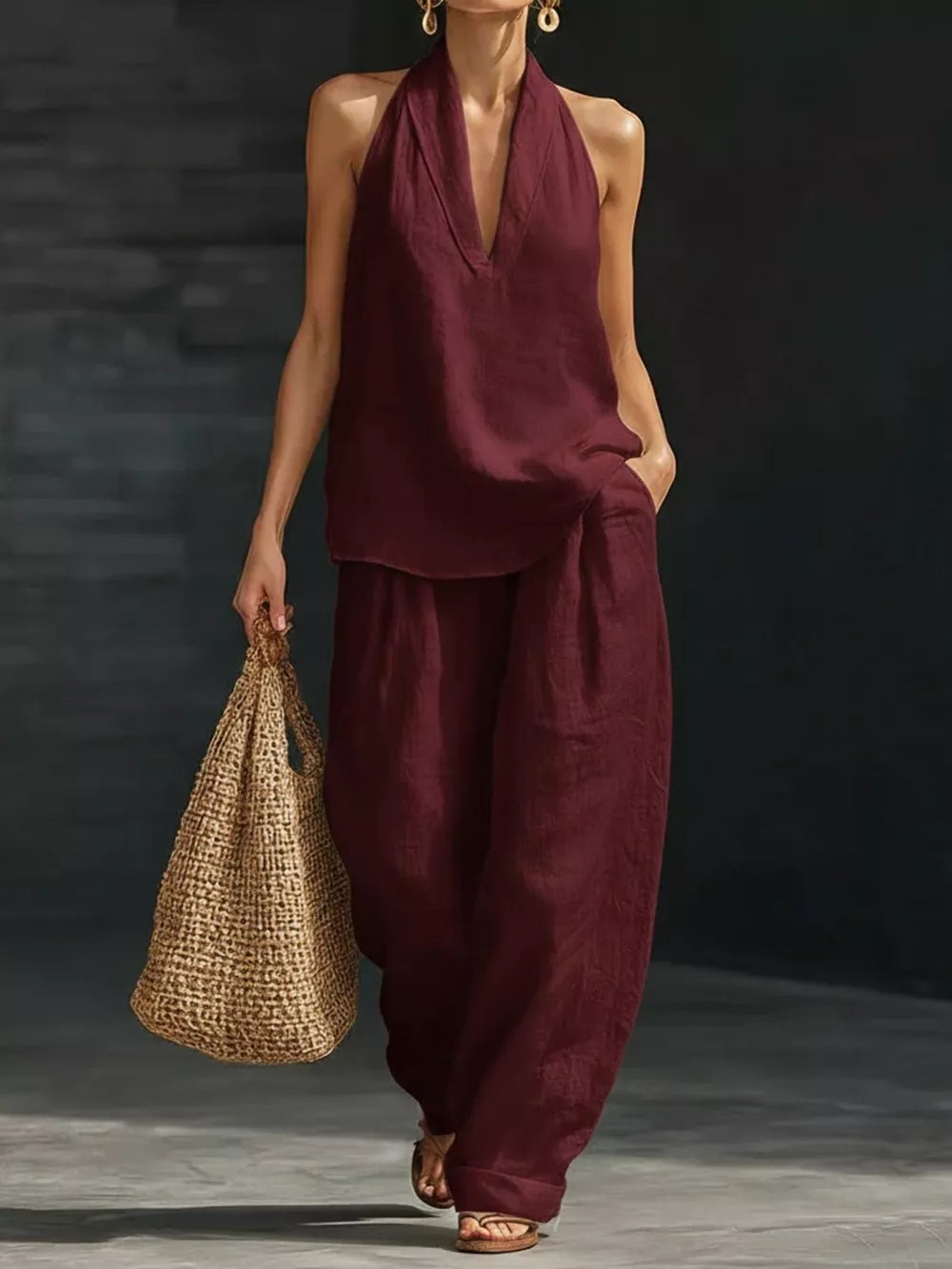 Burgundy halter neck top and flowing wide-leg pants set with a V-neck and relaxed fit.