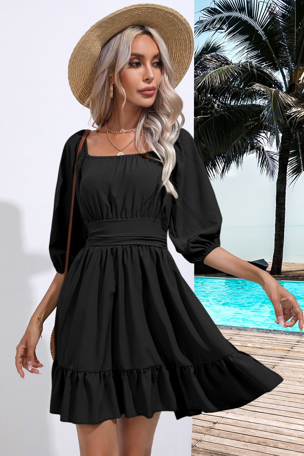 Black mini dress with square neck, puff sleeves, belted waist, and ruffled hem.