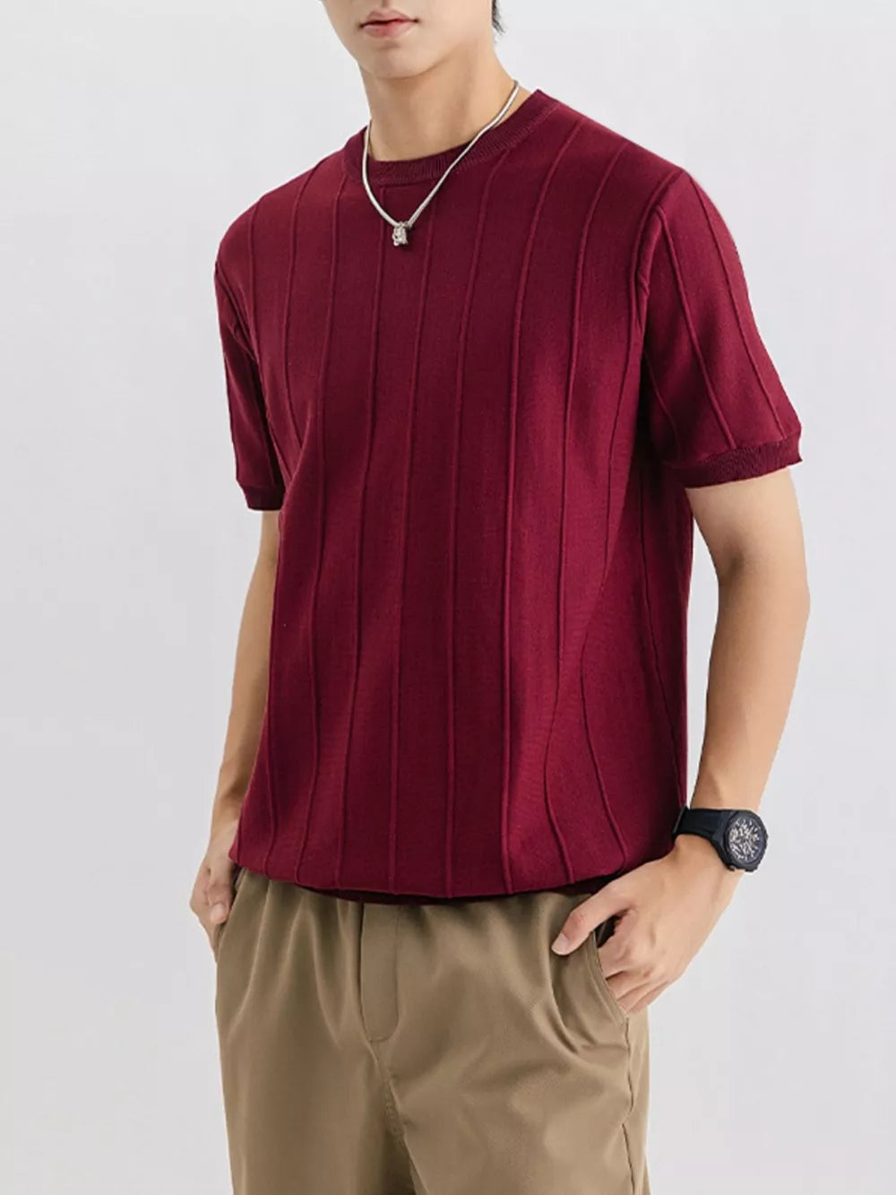 Textured short sleeve t-shirt in Wine Red with vertical ribbing and crew neck.