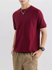 Textured short sleeve t-shirt in Wine Red with vertical ribbing and crew neck.