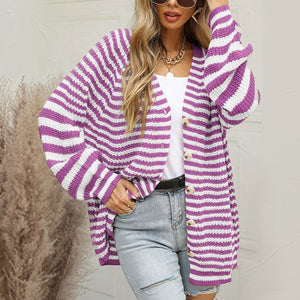 Heliotrope purple and white stripe button-up knit cardigan with balloon sleeves.