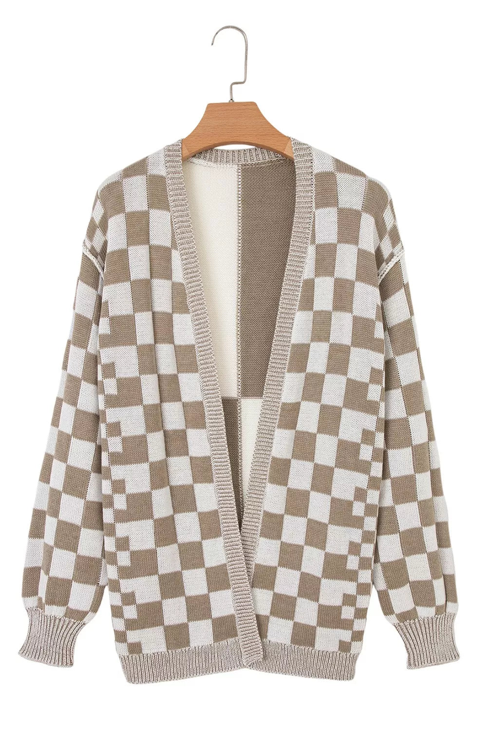 Checkerboard knit cardigan with ribbed details and a V-neck, in brown and white acrylic.