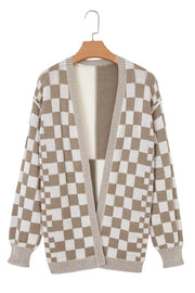 Checkerboard knit cardigan with ribbed details and a V-neck, in brown and white acrylic.