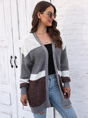 Colorblock knit open cardigan in dark gray, white, and brown with a relaxed fit.