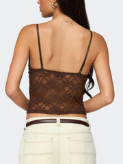 Brown sheer floral lace cami with adjustable straps and a cropped cut.