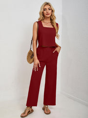 Deep Red cropped tank and palazzo pant set with square neckline and wide legs.