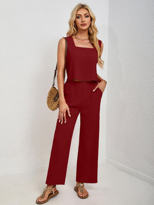 Deep Red cropped tank and palazzo pant set with square neckline and wide legs.