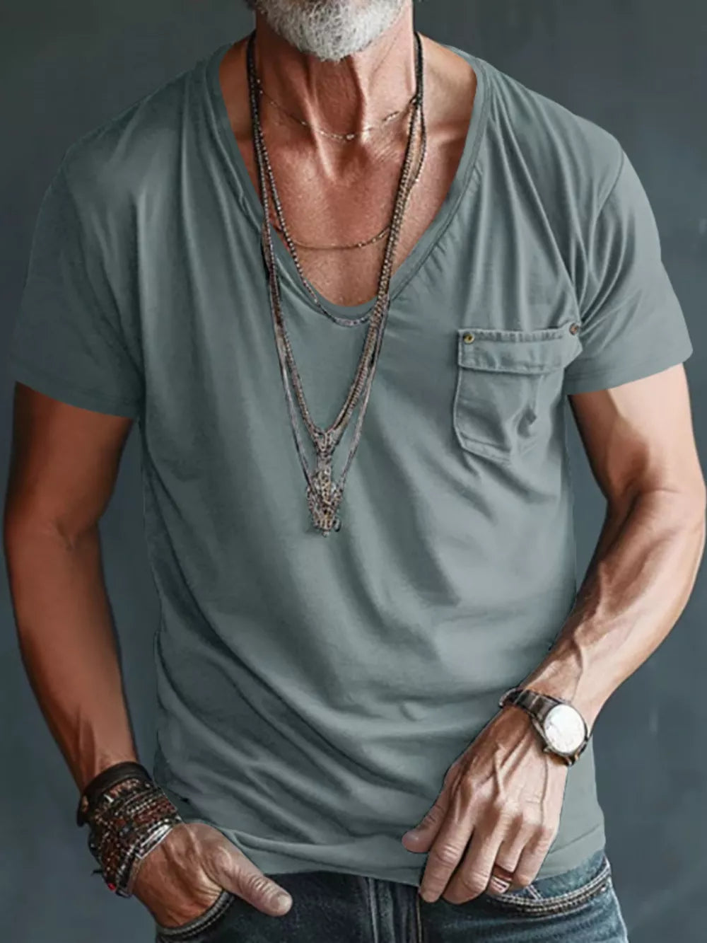 Men's Full Size V-neck Pocket T-shirt in Black, fabric detail