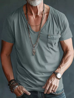Men's Full Size V-neck Pocket T-shirt in Black, fabric detail