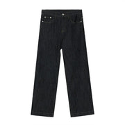 Dark wash wide-leg denim jeans with a relaxed fit and classic five-pocket styling.