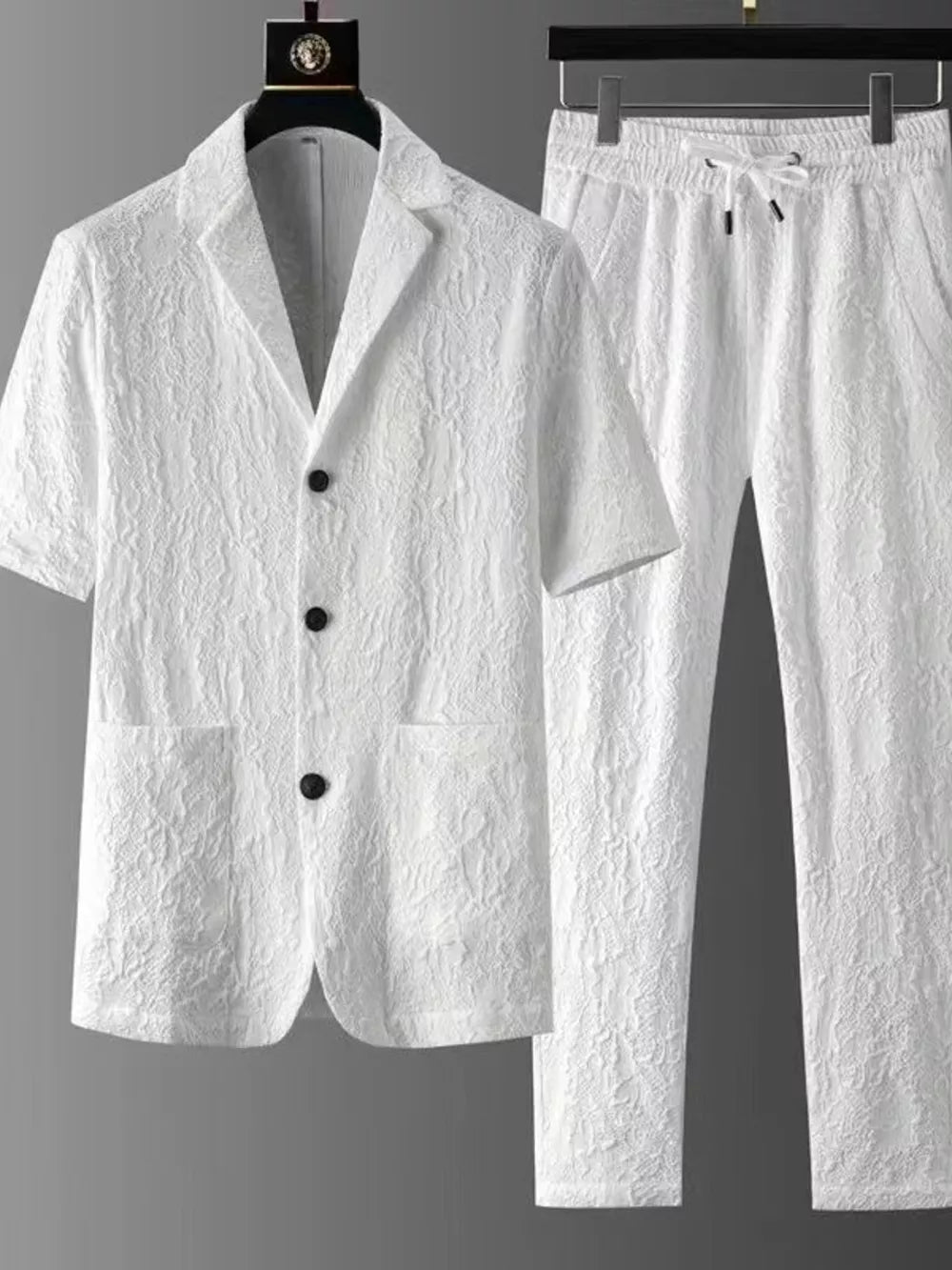 Men's Plus Size Button Up Shirt And Pants Set in Black, front view