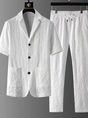 Men's Plus Size Button Up Shirt And Pants Set in Black, front view