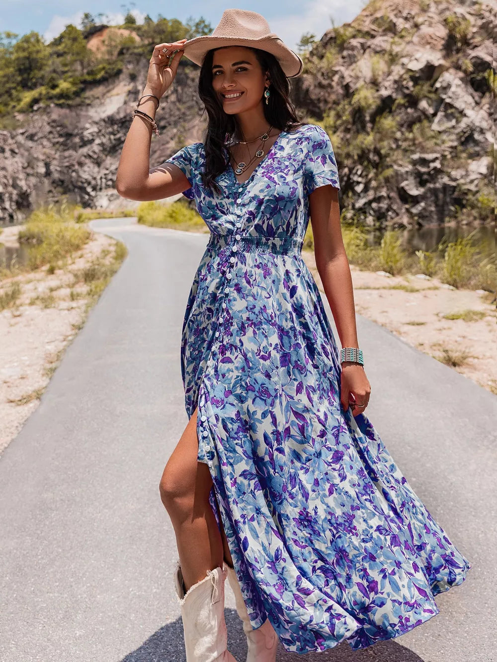Floral V-neck midi dress with button front and high slit, short sleeves, blue and purple pattern