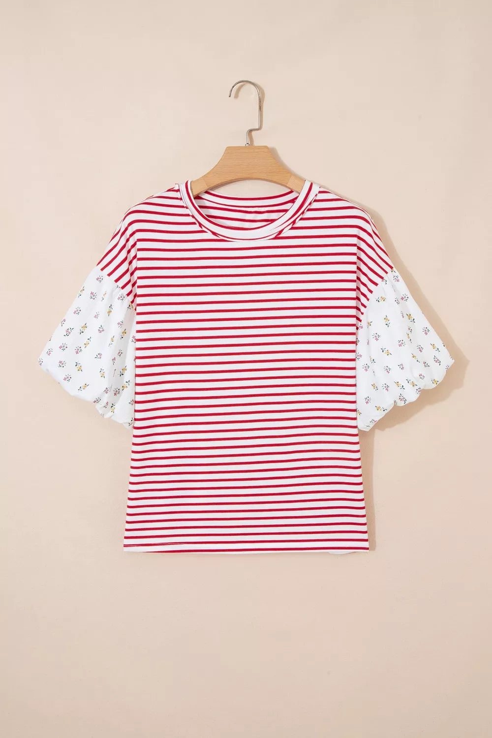 Maternity red and white striped shirt with patchwork floral puff sleeves.