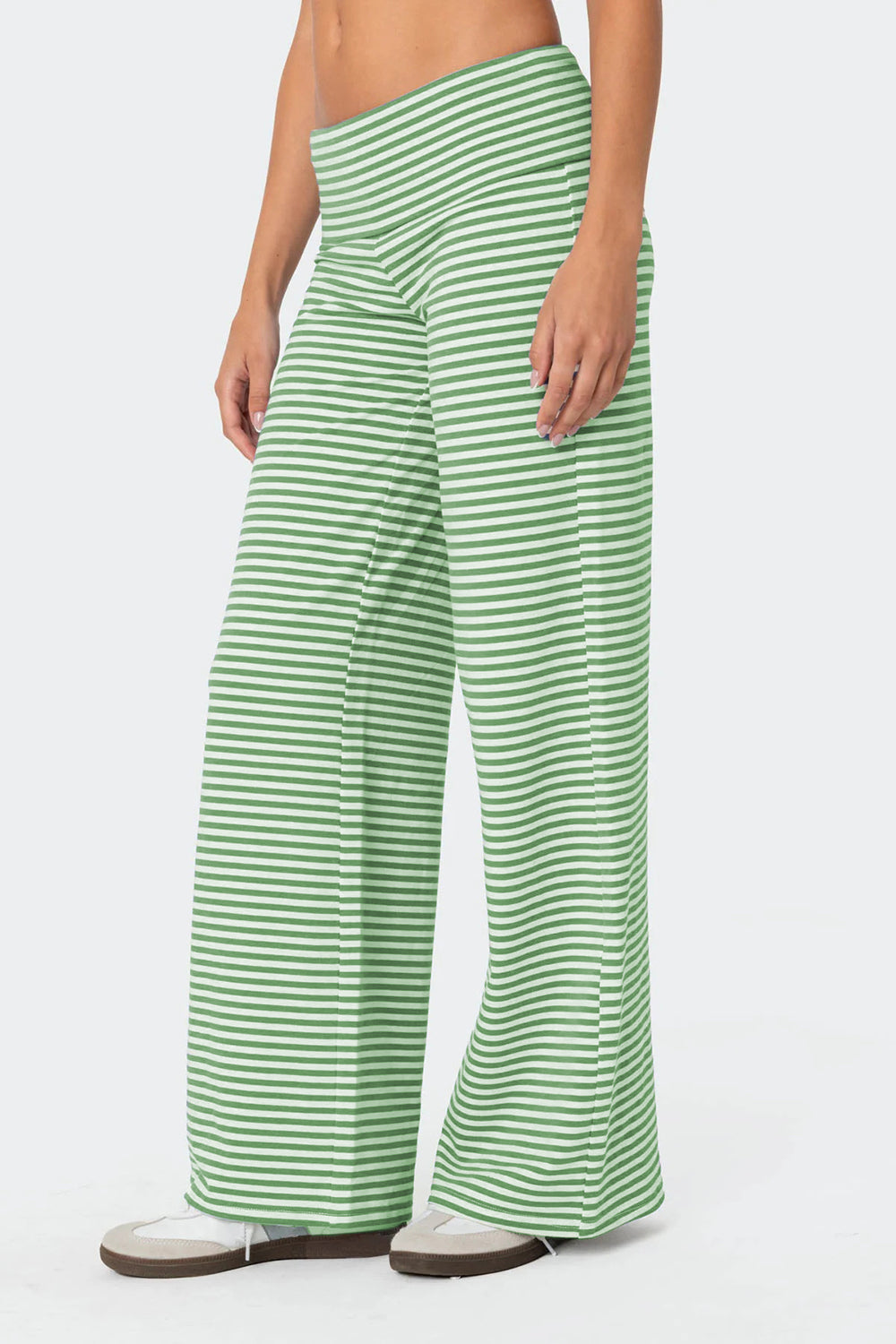 Coastal Stripe Palazzo Pants in Gum Leaf green with white horizontal stripes, wide leg.