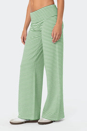 Coastal Stripe Palazzo Pants in Gum Leaf green with white horizontal stripes, wide leg.