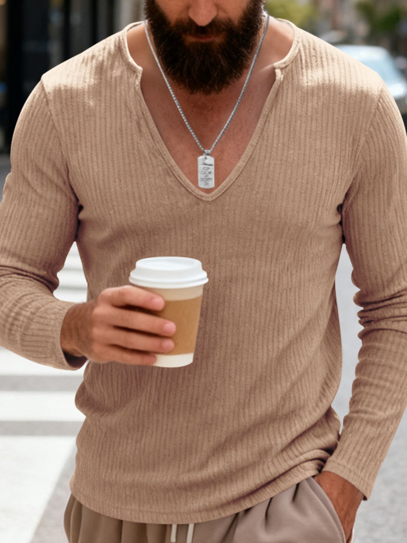 Apricot ribbed long sleeve t-shirt with deep V-neck and henley detail