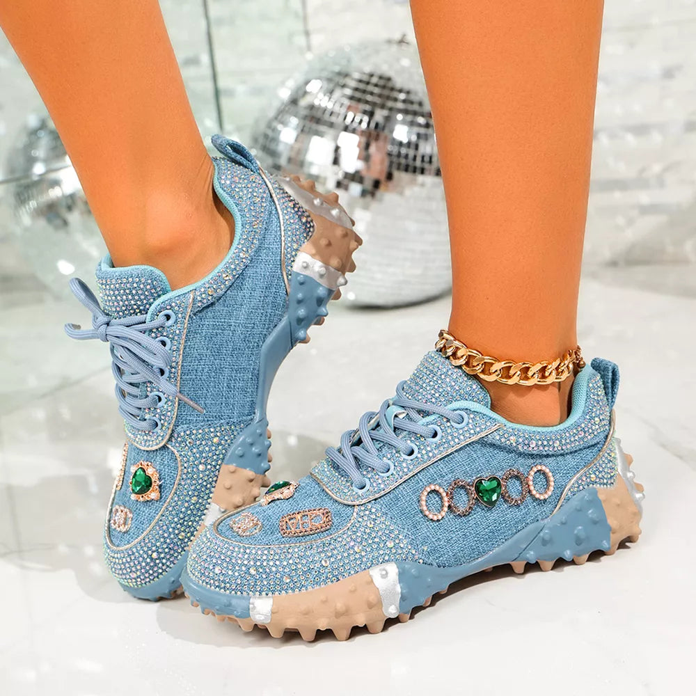 Rhinestone Round Toe Sneakers in Blue, front view