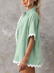 Gum Leaf linen shirt set with scalloped white trim and short sleeves.