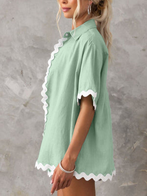 Gum Leaf linen shirt set with scalloped white trim and short sleeves.
