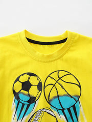 Yellow cotton crew neck t-shirt for kids with a graphic print of sports balls.