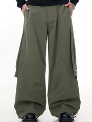 Army green wide-legged cargo pants with buttoned flap pockets and drawstring cuffs.