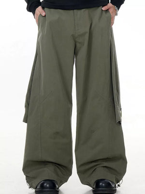 Army green wide-legged cargo pants with buttoned flap pockets and drawstring cuffs.