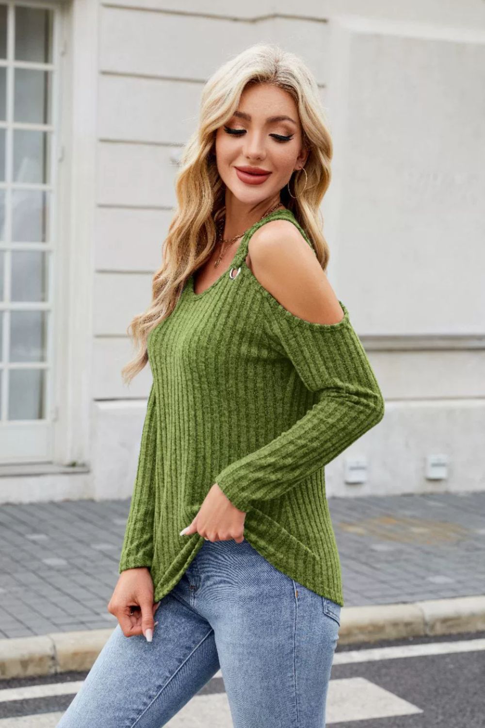 Moss ribbed cold-shoulder long sleeve top with ring detail and v-neck.