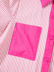 Button-down mini dress with pink and white stripes, a pink pocket, and pink buttons.