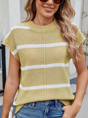 Striped knit tee in chartreuse with white stripes and a vertical seam detail.