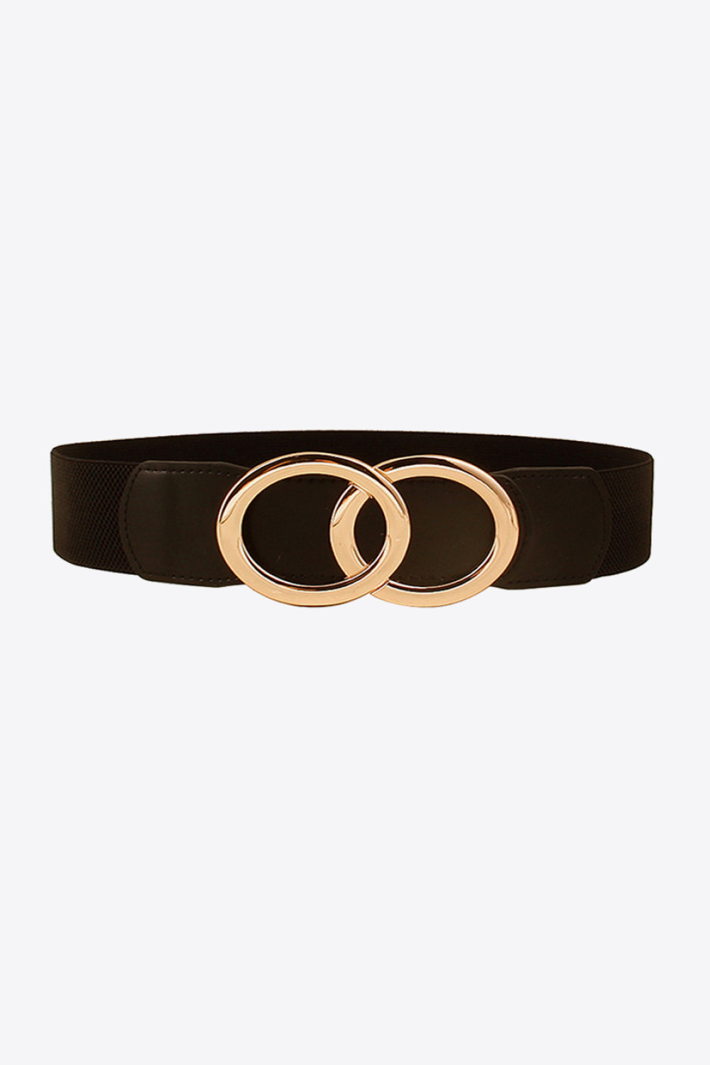 Black stretch belt with interlocking gold rings and faux leather detail.