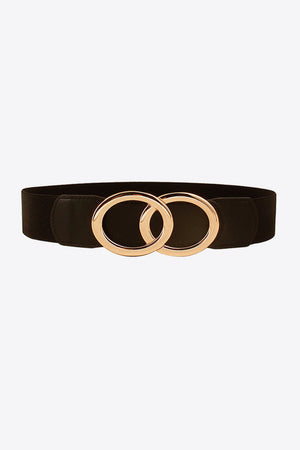 Black stretch belt with interlocking gold rings and faux leather detail.