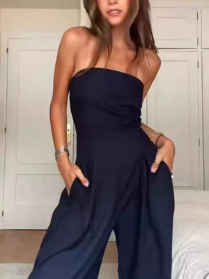 Dark blue strapless wide-leg maternity romper with pockets