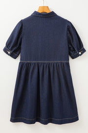 Dark denim puff sleeve mini dress with A-line skirt and button cuffs