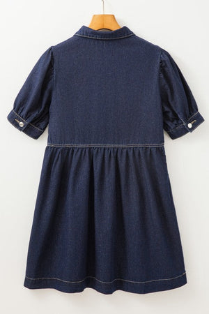 Dark denim puff sleeve mini dress with A-line skirt and button cuffs