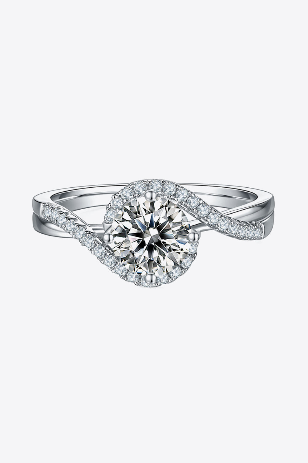 Silver swirl halo moissanite engagement ring with diamond accents