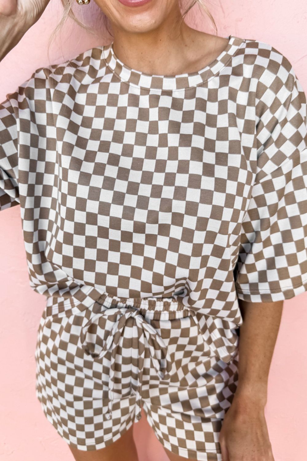 Checkered loungewear set in khaki with a tie-waist short and crewneck top.